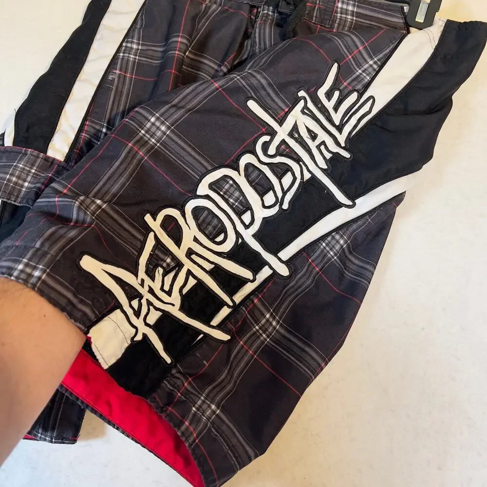 Aeropostale 1987 Board Short Swim Trunks Men 34W Black Red Grey Plaid Pocket